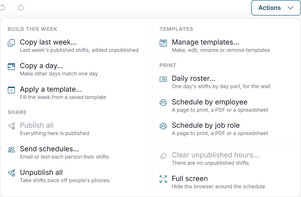 The schedule's Actions menu: build the week, share it, templates and printing