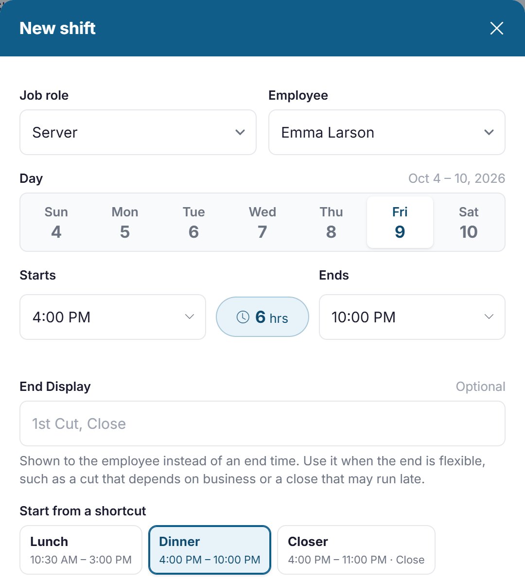 Adding a shift from the Dinner shortcut