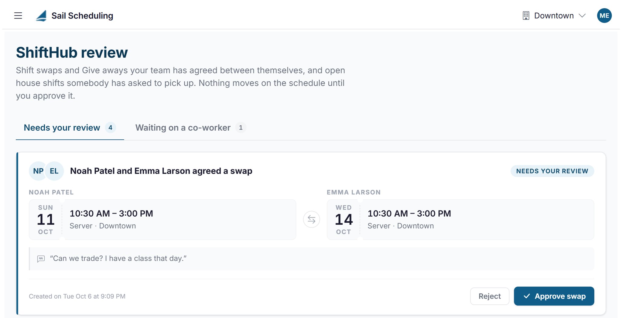 A manager reviewing a shift swap two employees agreed