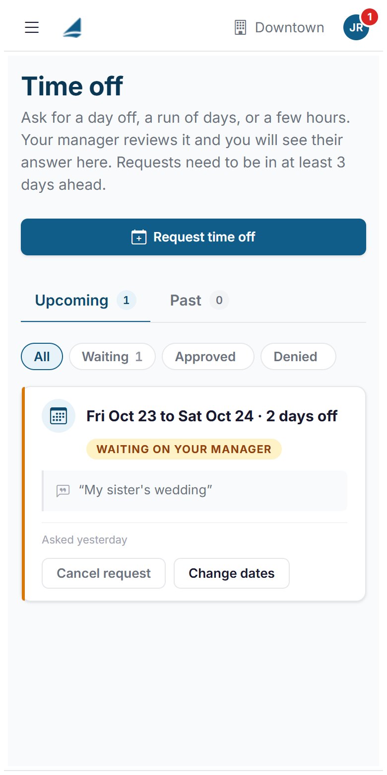 An employee's time off request on their phone, waiting on their manager
