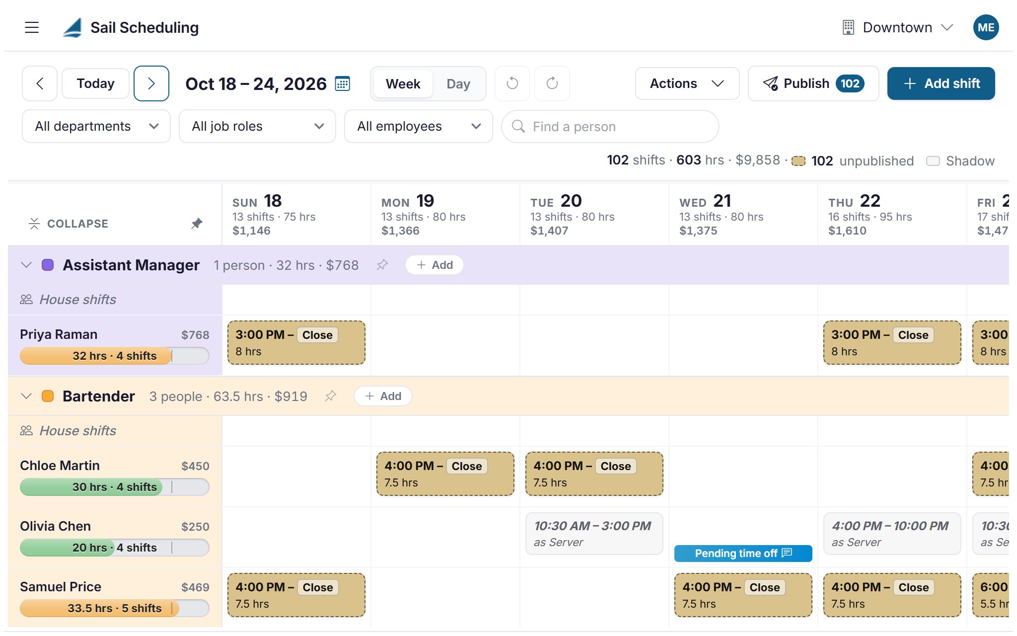 A week waiting to be published, with a pending time off request on the schedule